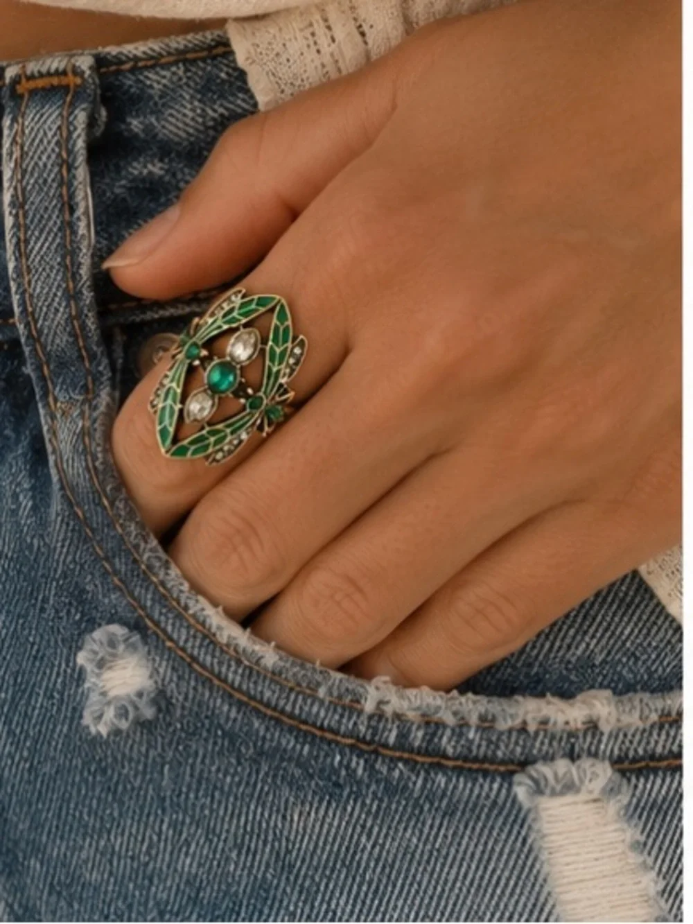 Vintage Boho Emerald Green Enamel Crystal Statement Cocktail Ring